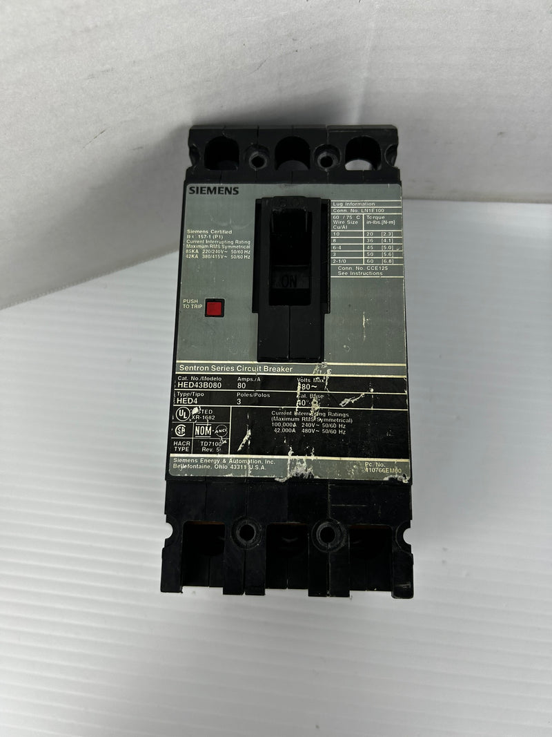 Siemens HED43B080 Circuit Breaker Sentron Series Type: HED4 480V 80A 3P 50/60Hz