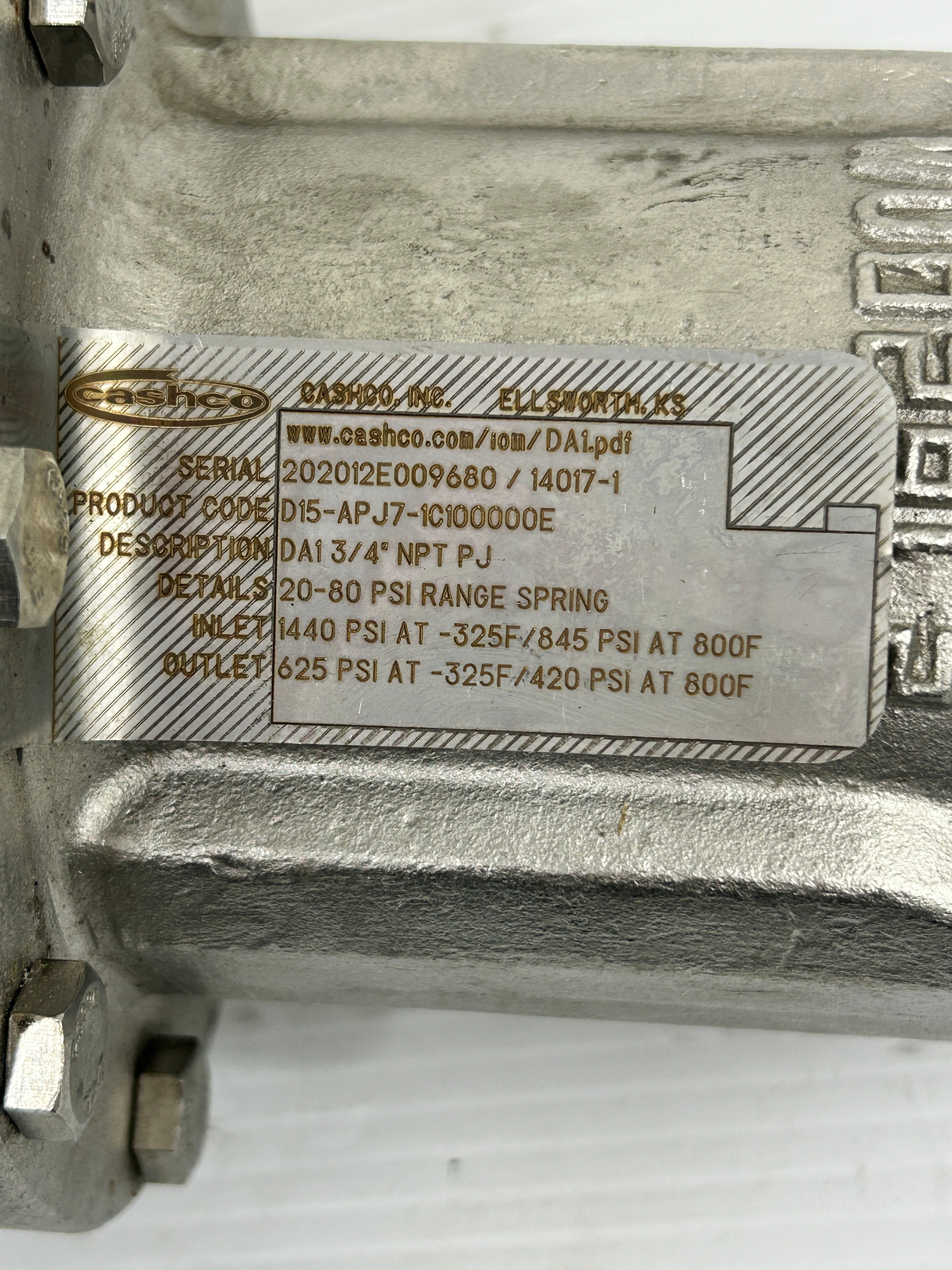 Cashco DA1 CF3M Pressure Regulator 3/4" NPT PJ 20-80 PSI D15-APJ7-1C100000E