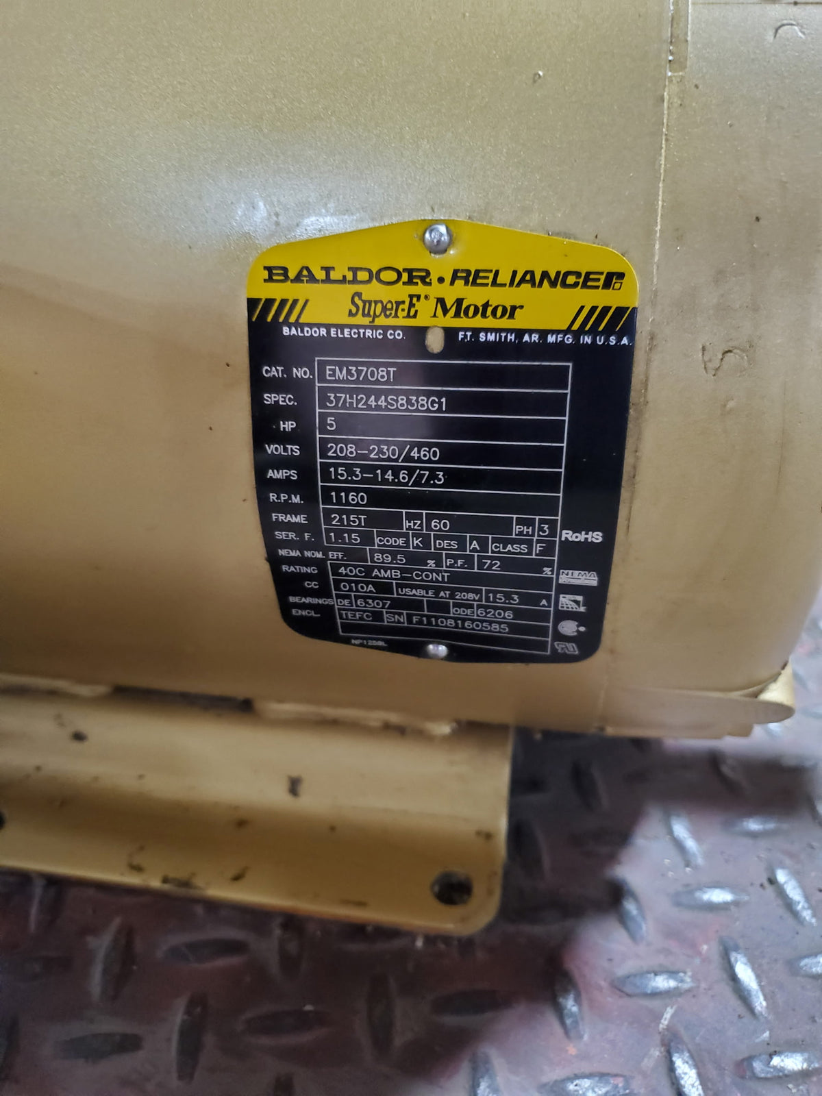 Baldor Reliance EM3708T Super-E Motor 5HP 1160RPM 215T 3PH 208-230/460V