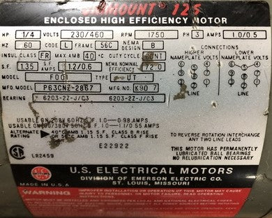 U.S. Electrical P63CNZ-2867 1/4 HP 3 Phase Unimount 125 Motor 1750 RPM
