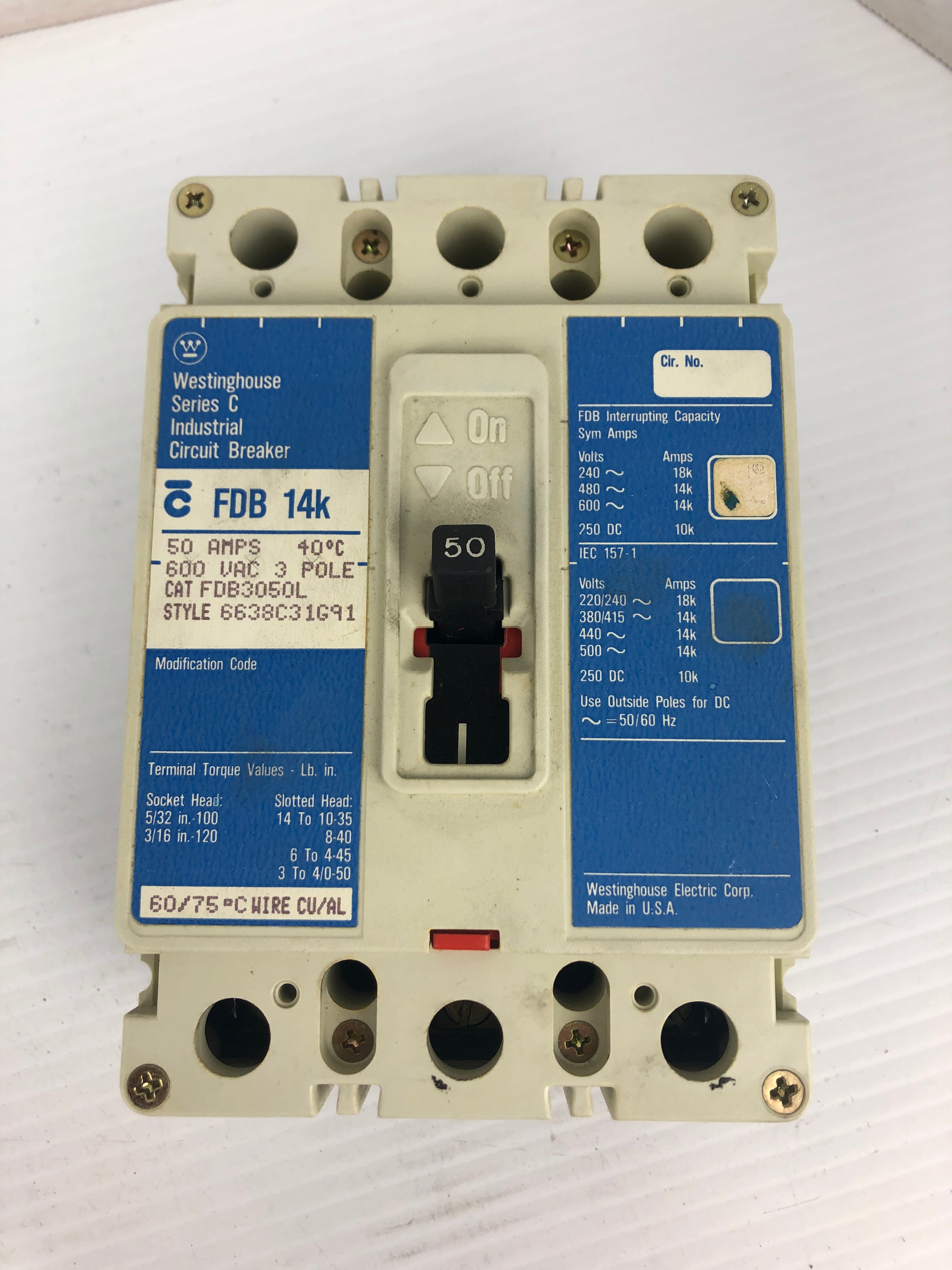 Westinghouse FDB 14K Industrial Circuit Breaker Series C 50A 600VAC 3P FDB3050L