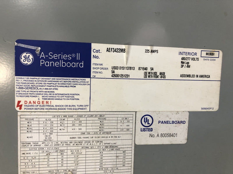 General Electric A-Series Panel Board AEF3422MB (No Cabinet)