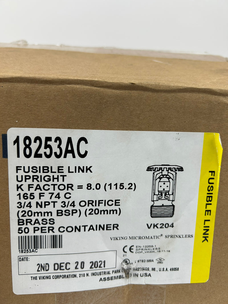 Viking VK204 Fusible Link Fire Sprinkler 18253AC 3/4" NPT 165°F 74°C - Box of 35