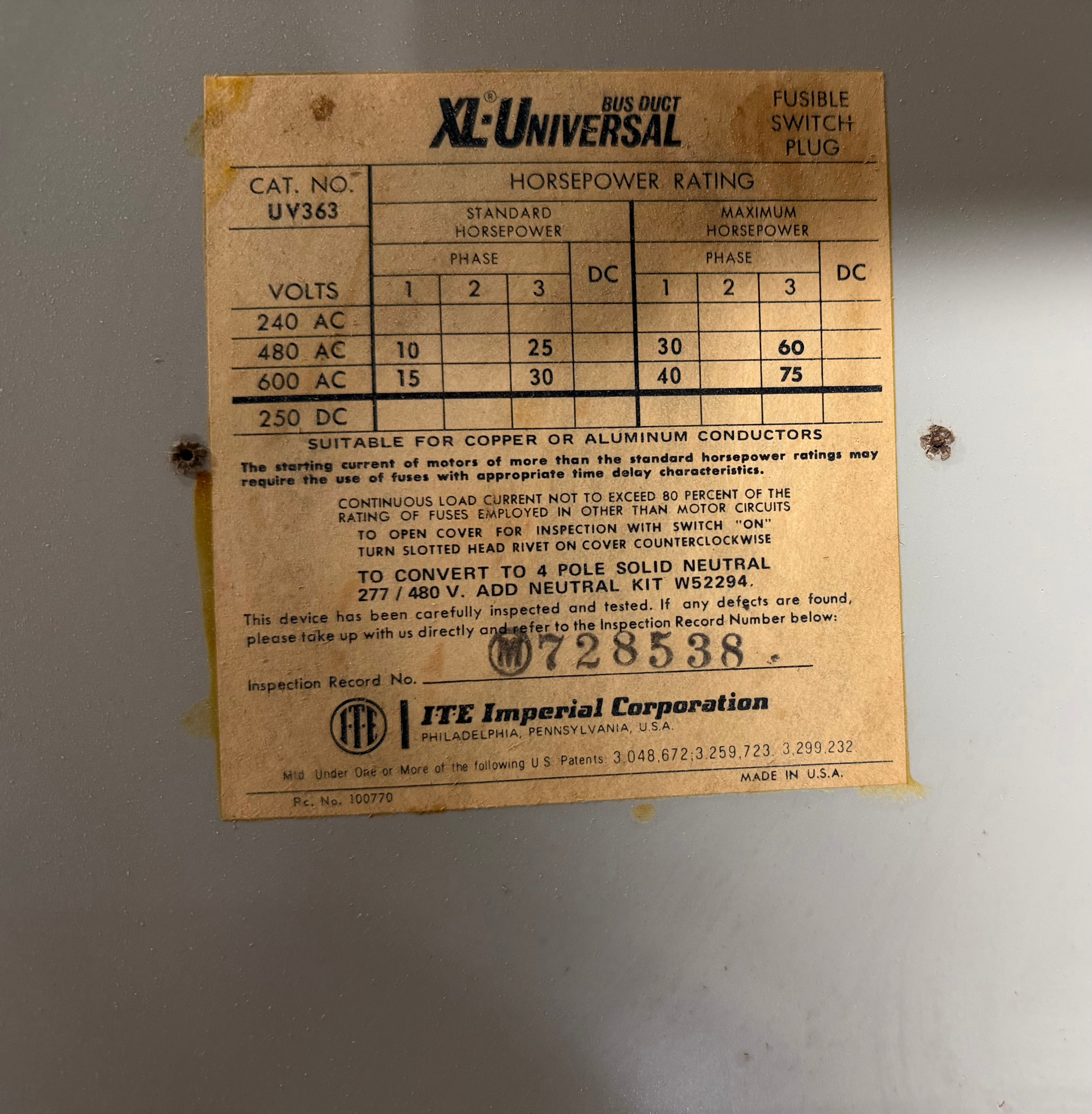 ITE Gould UV363 XL-U Fusible Bus Plug 100A 600V 3PH 3W Used