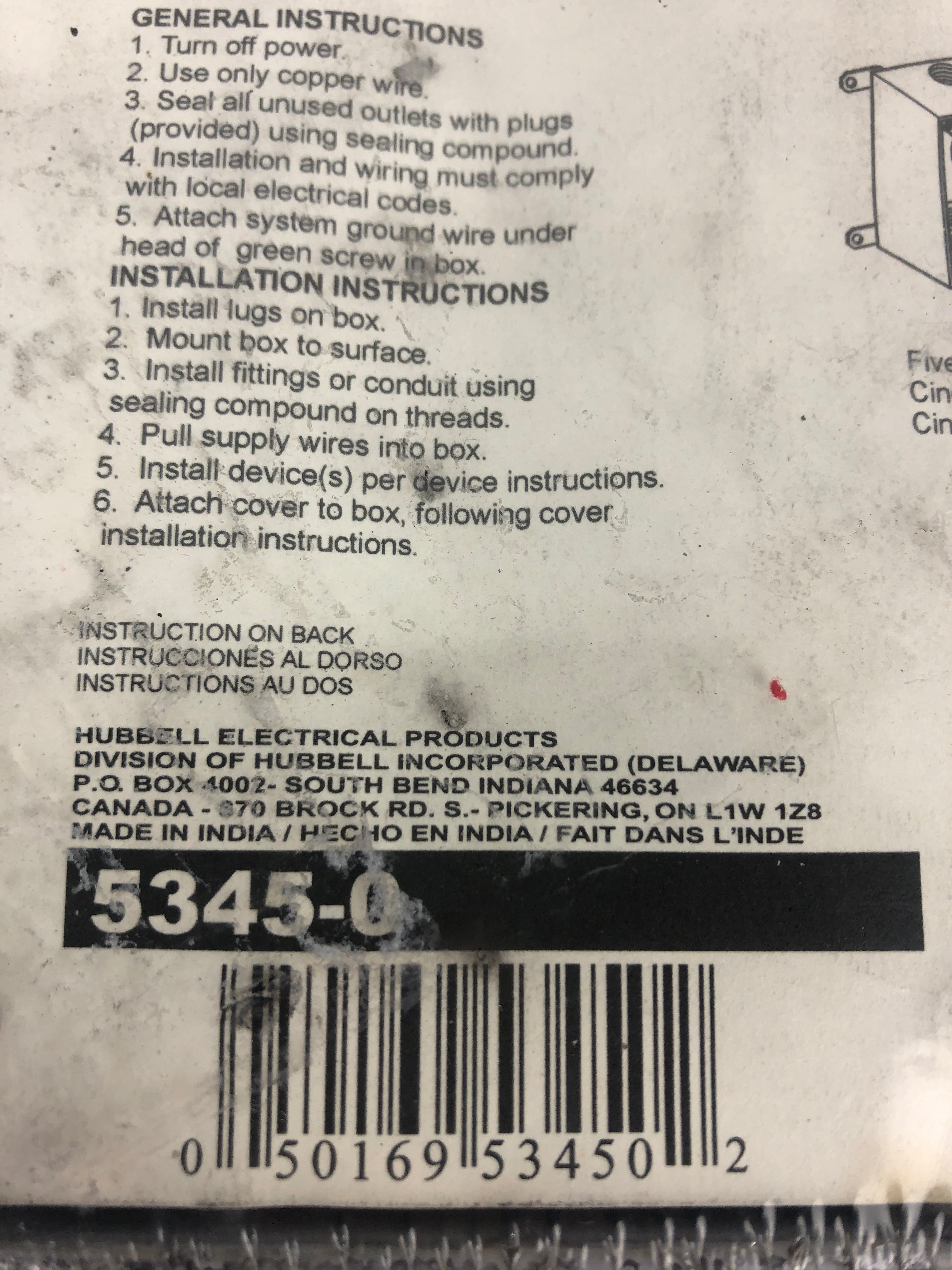 Bell 5345-0 Weatherproof Two Gang Box Five Outlets 3/4"