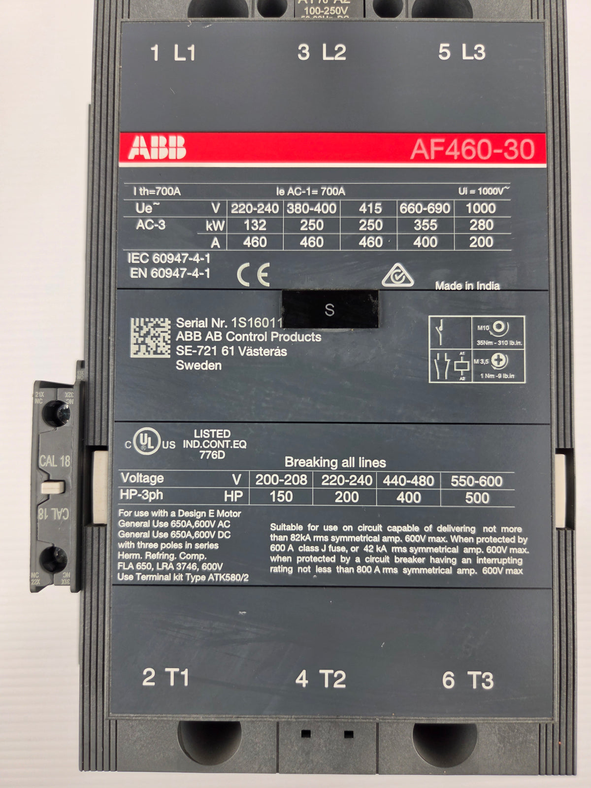 ABB AF460-30 Contactor 460A AC-3 700A AC-1 3 Pole 100-250V AC/DC Coil 600V
