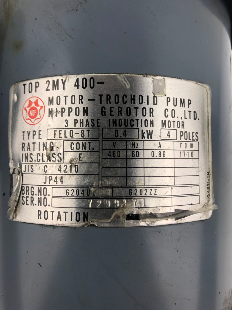 Nippon NOP FELQ-8T Induction Motor TOP 2MY 400 Trochoid Pump TOP-208 HA