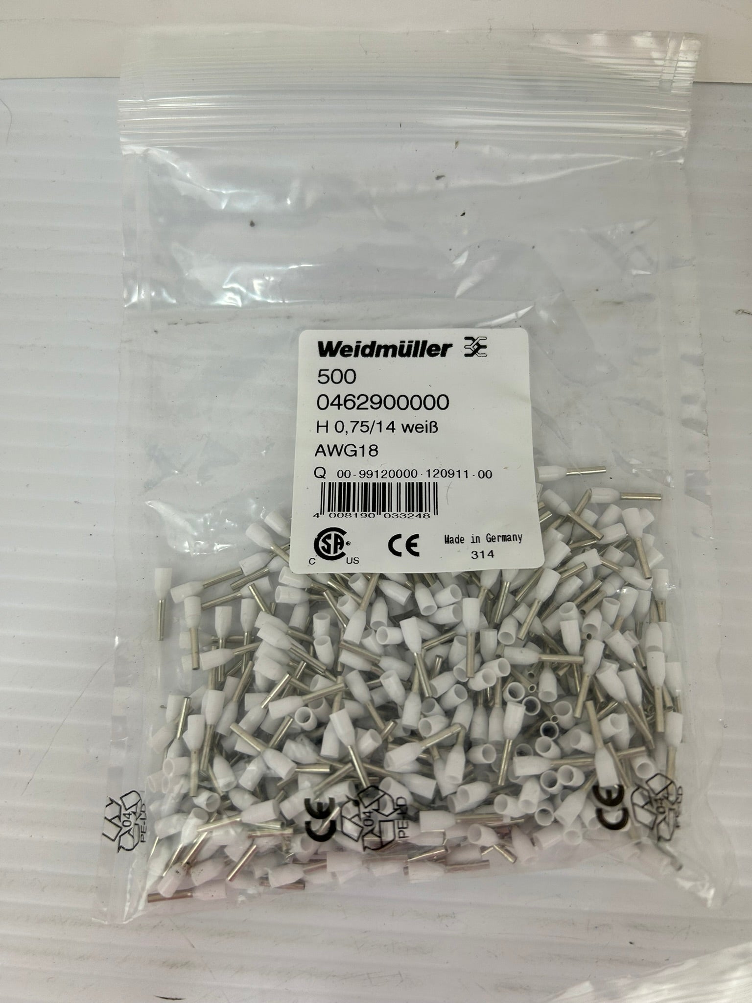 Weidmuller 0462900000 Wire-End Ferrule White - Lot of 1500