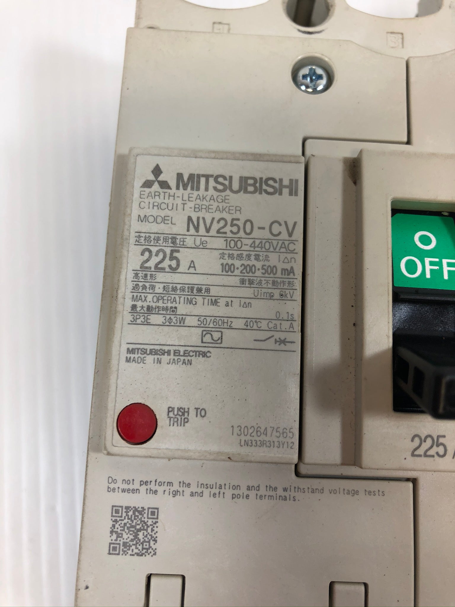 Mitsubishi Earth Leakage Circuit Breaker NV250-CV 225A 100-440VAC
