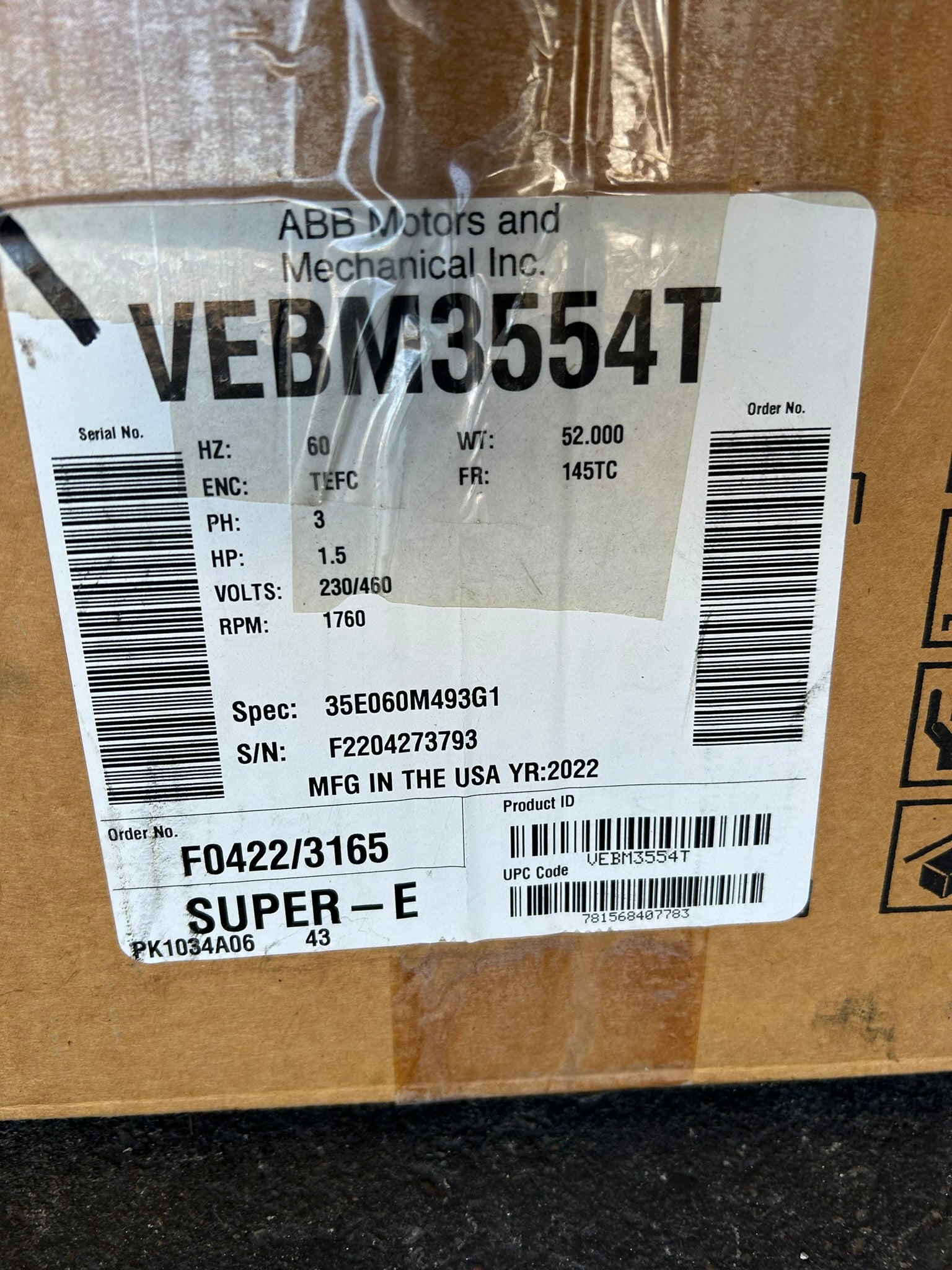 ABB Baldor VEBM3554T Electric Motor Hz 60 PH 3 Frame 145TC HP 1.5 RPM 1760