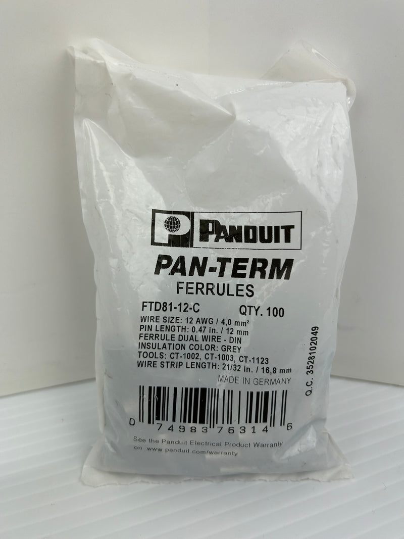 Panduit FTD81-12-C Pan-Term Grey Covered Ferrules - 5 Bags of 100 (500 Total)