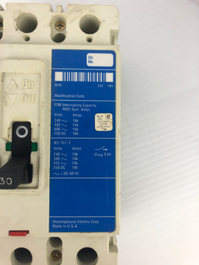 Westinghouse FDB 14K Industrial Circuit Breaker Ser. C 600VAC 30A 3P 50/60Hz