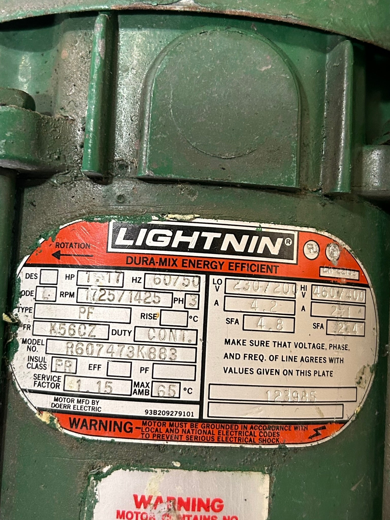 Lightnin XJ-117 Dura-Mix Mixer Motor R607473K883 1.17HP 1725