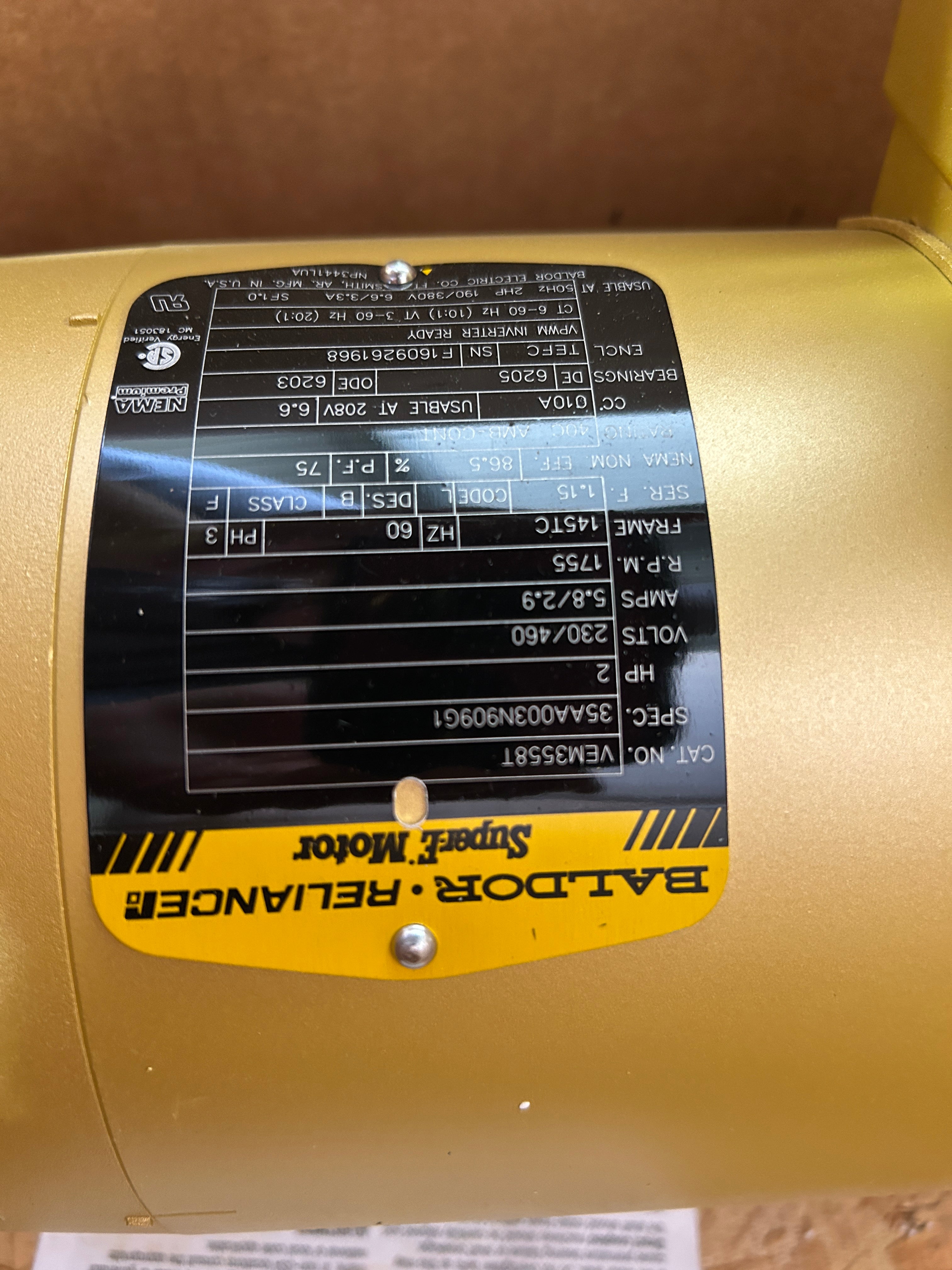 Baldor VEM3558T Super E Electric Motor 2HP 1755 RPM 230/460V 145TC 3PH