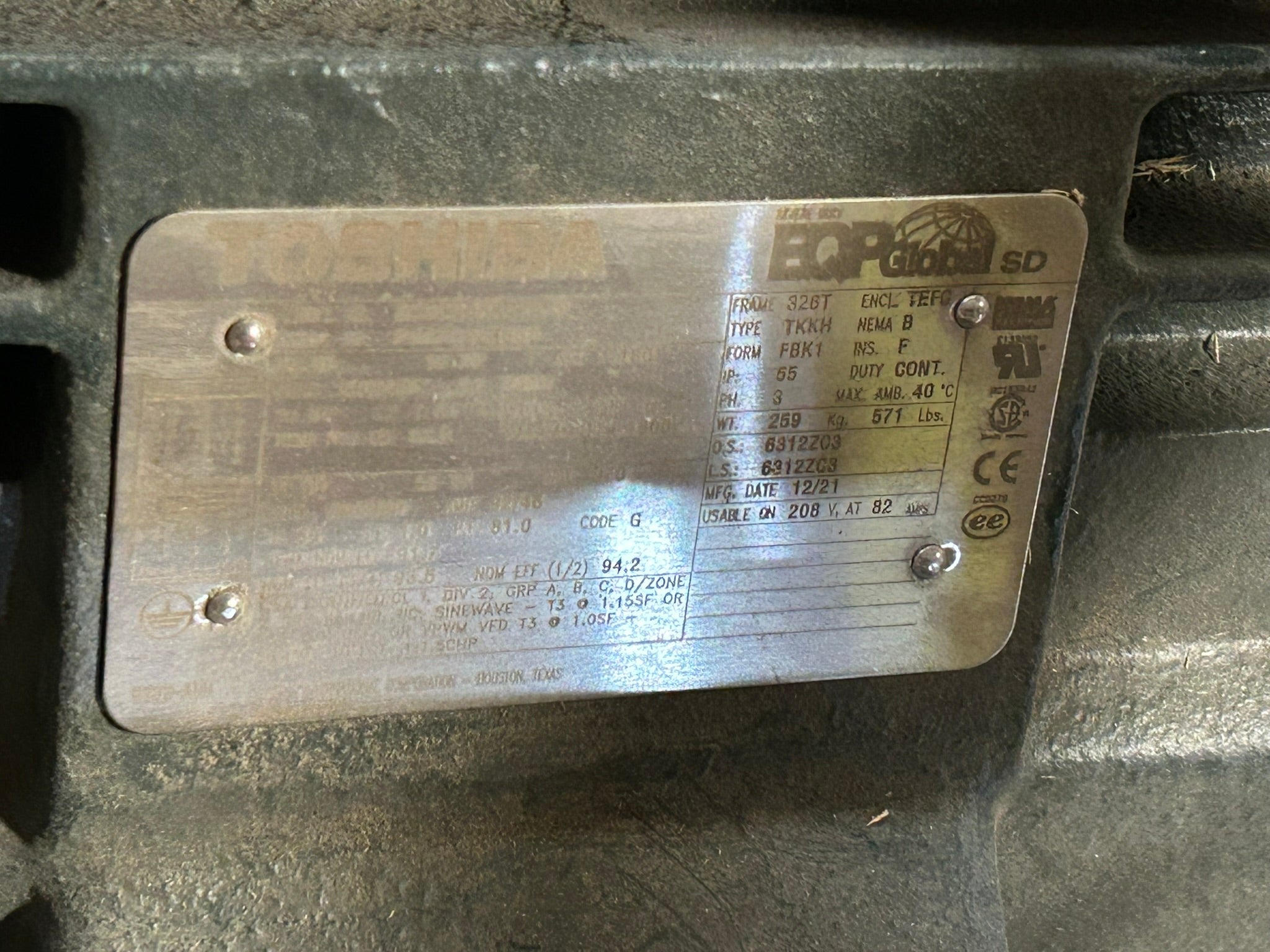 Toshiba 30 HP 1170 RPM 0306SDSR41A-P Industrial AC Motor