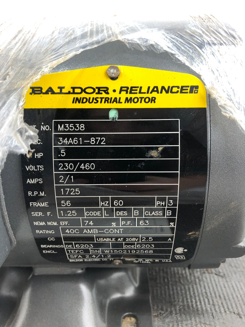 Baldor Reliance M3538 Industrial Motor 0.5HP 56 Frame 1725RPM 3PH