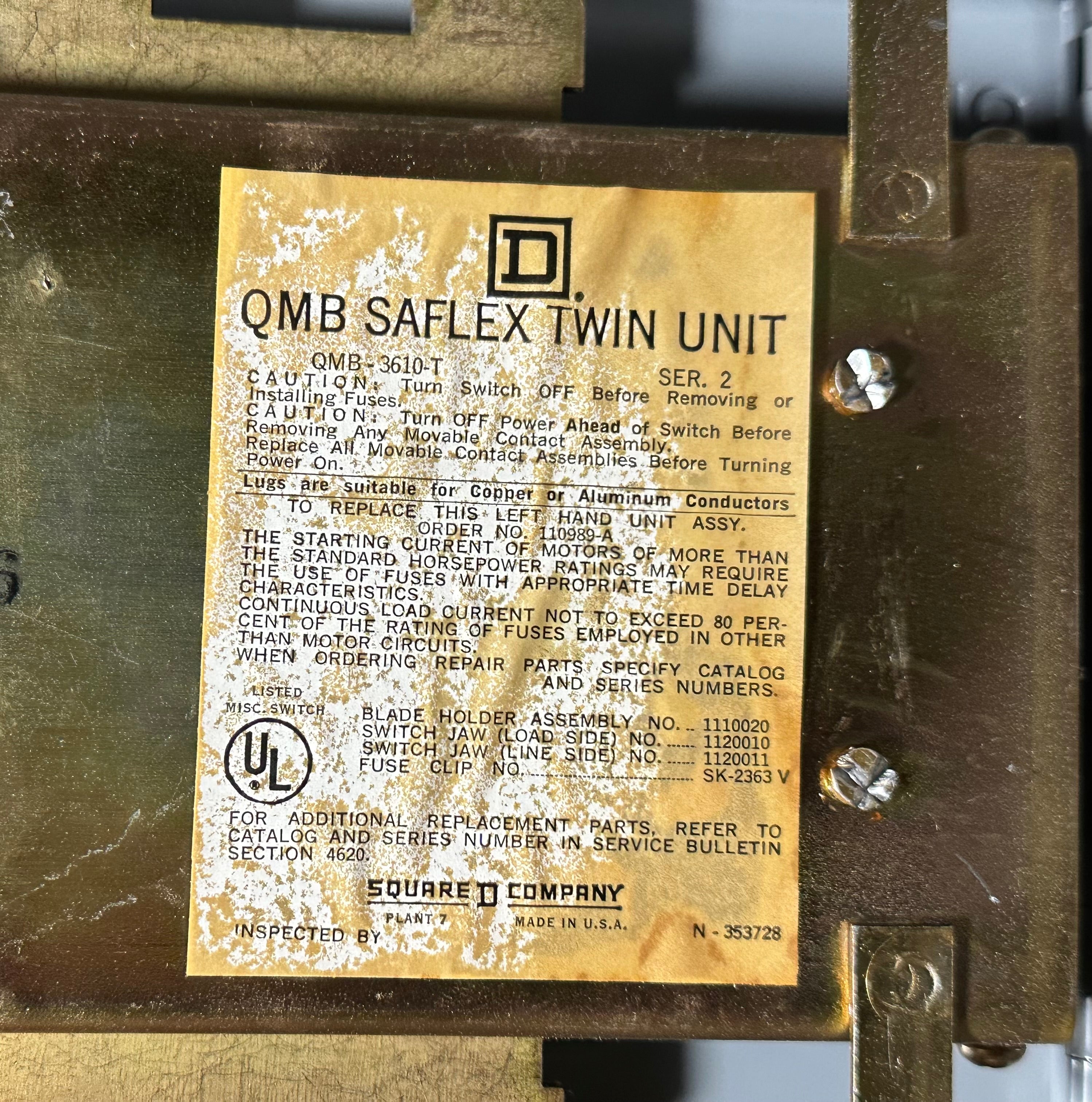 Square D QMB Saflex Twin Unit 100 Amp 3 Pole 600 VAC QMB-3610-T