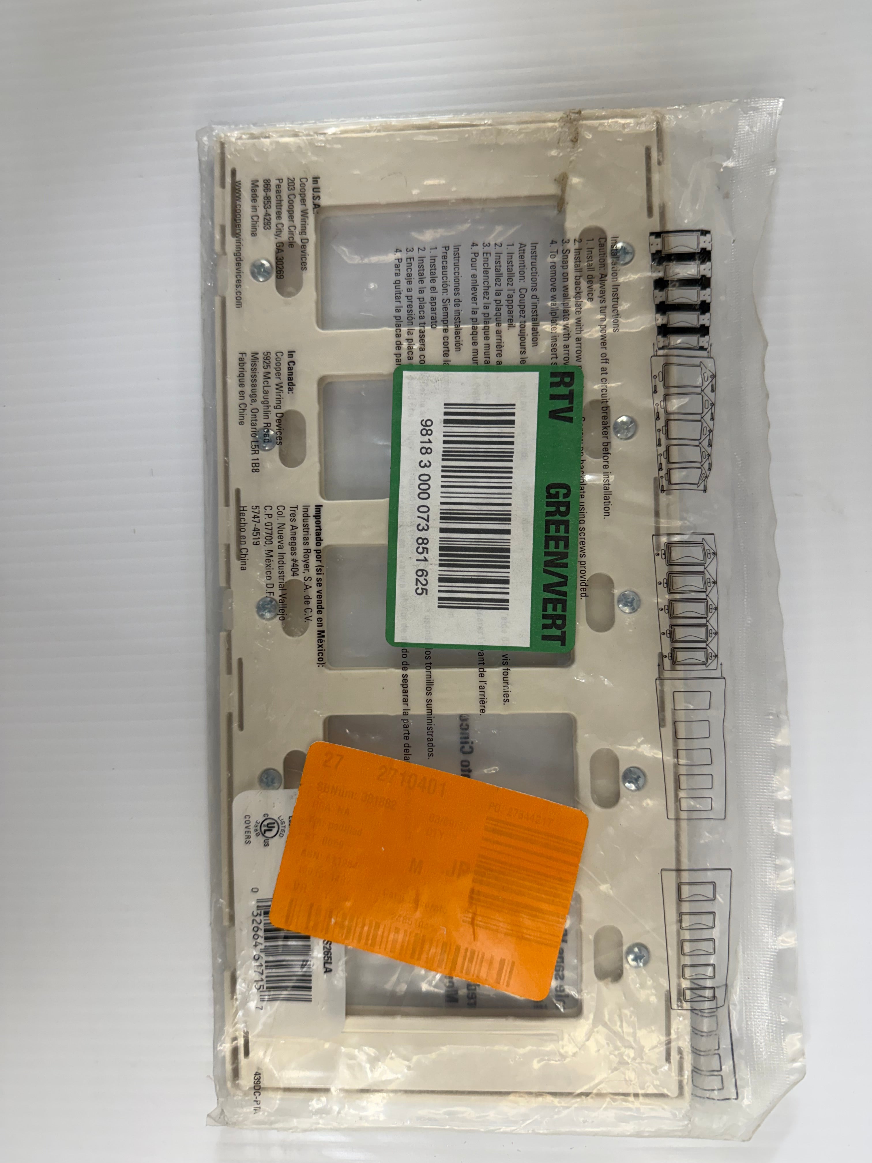 Cooper Wiring 5-Gang Screwless Wallplate PJS265CA Lot of 3