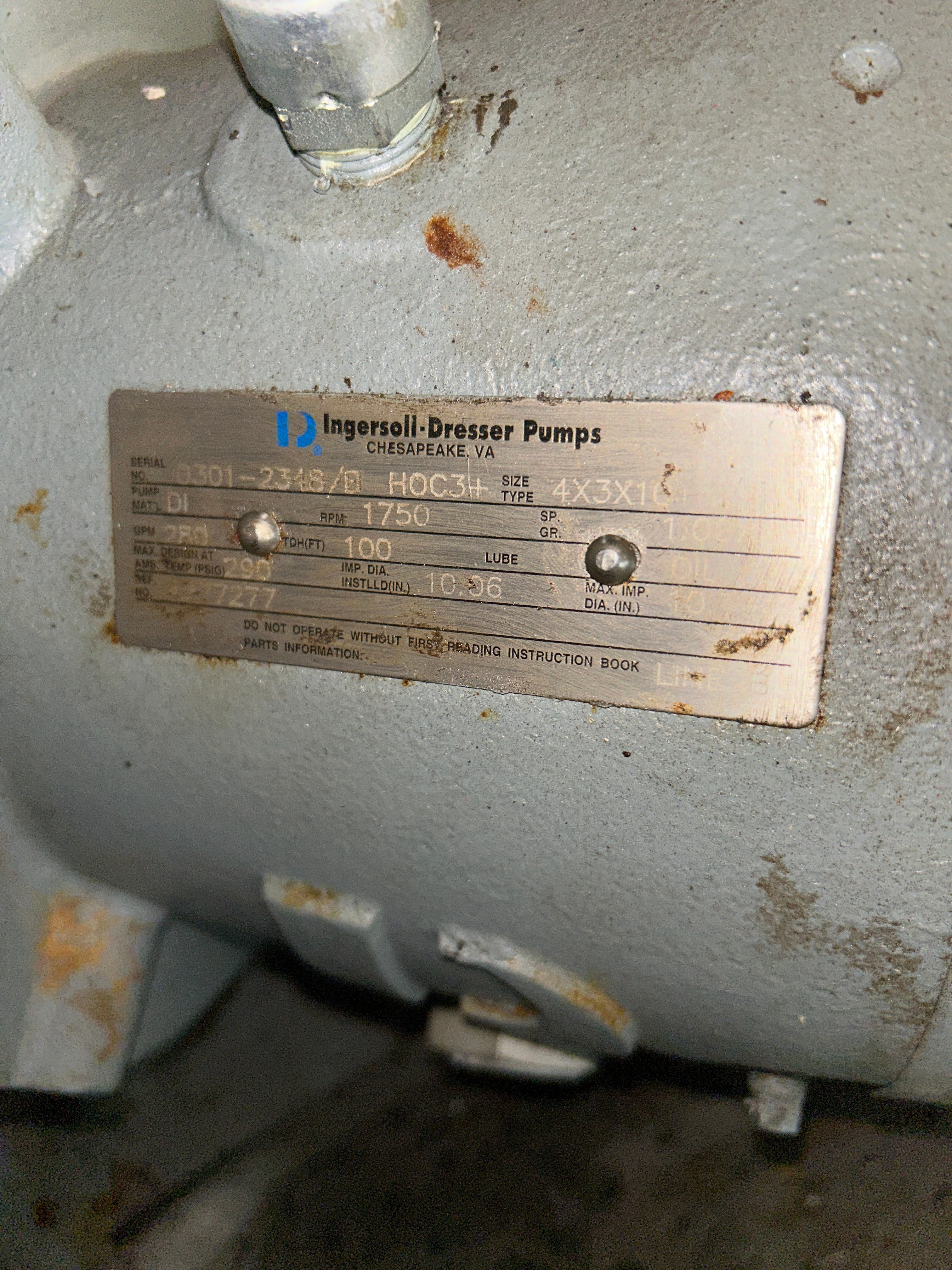 Ingersoll-Dresser HOC3+ Pump Assembly 4x3x10 1750RPM 280GPM 290PSIG