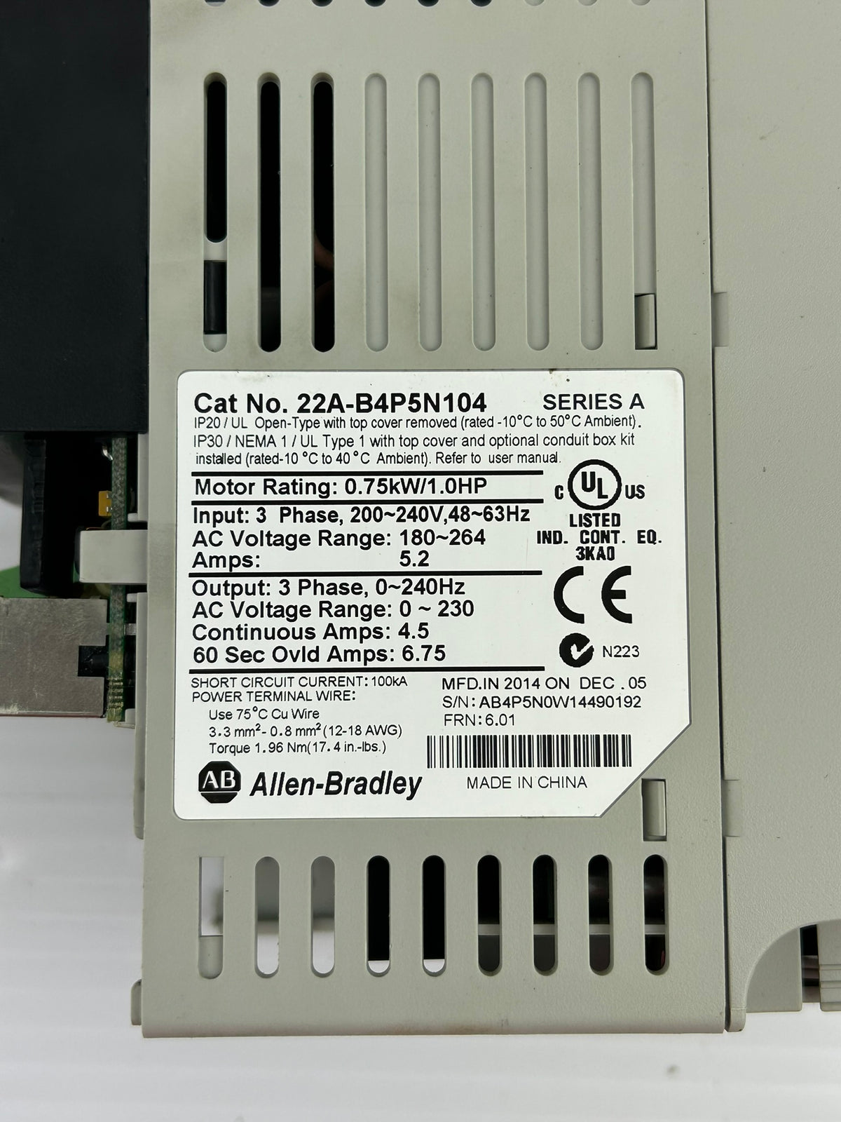Allen Bradley 22A-B4P5N104 PowerFlex 4 Drive Series A - Missing Top Cover