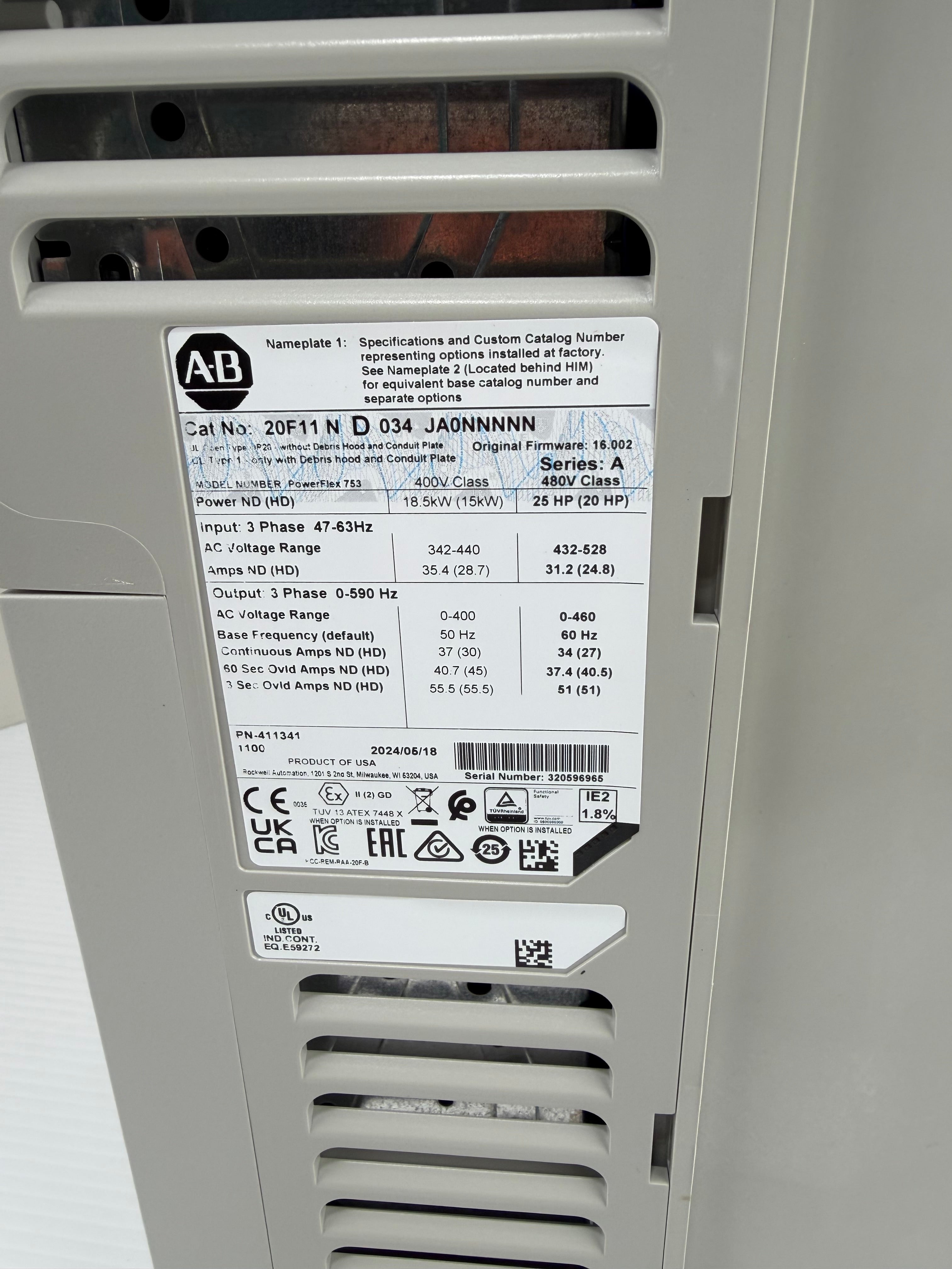 Allen Bradley PowerFlex 753 AC Drive 20F11ND034JA0NNNNN