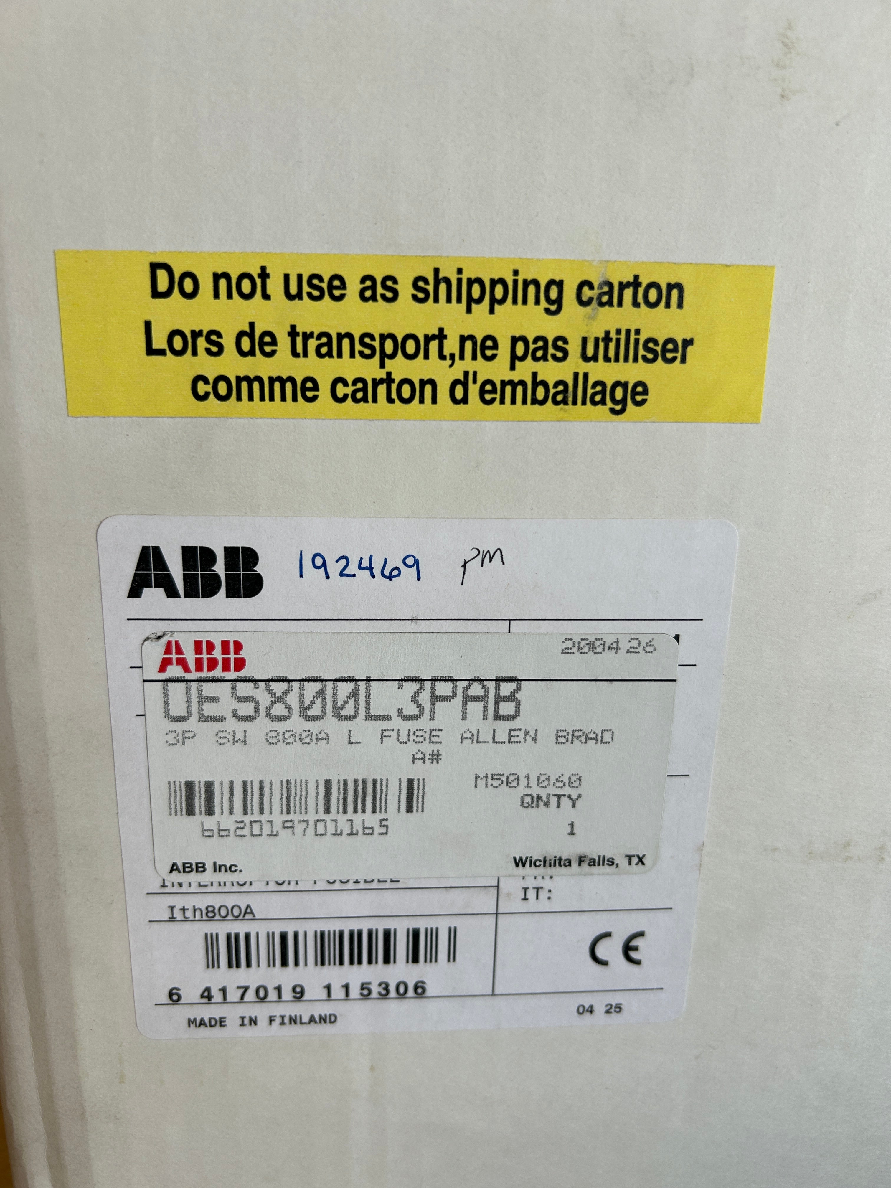 ABB OES800L3 Fusible Disconnect Switch 3P 800A 600VAC 3PH OES800L3PAB