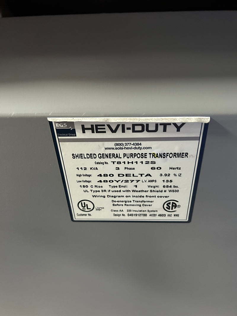 EGS Hevi-Duty T81H112S Shielded General Purpose Transformer 112kVA 480V 3PH