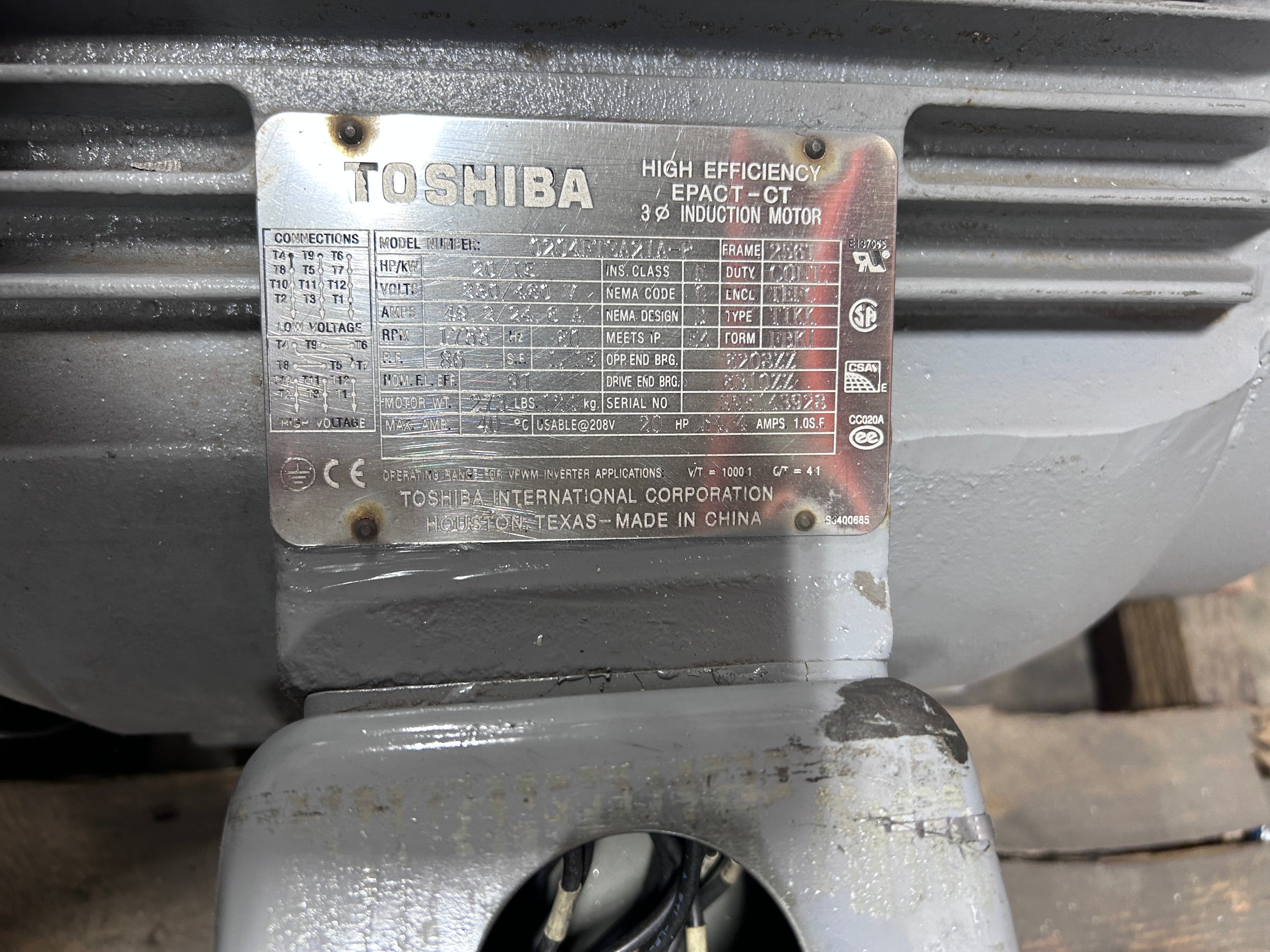 Toshiba 0204FTSA21A-P High Efficiency 3PH Induction Motor 20HP 1755RPM 256T