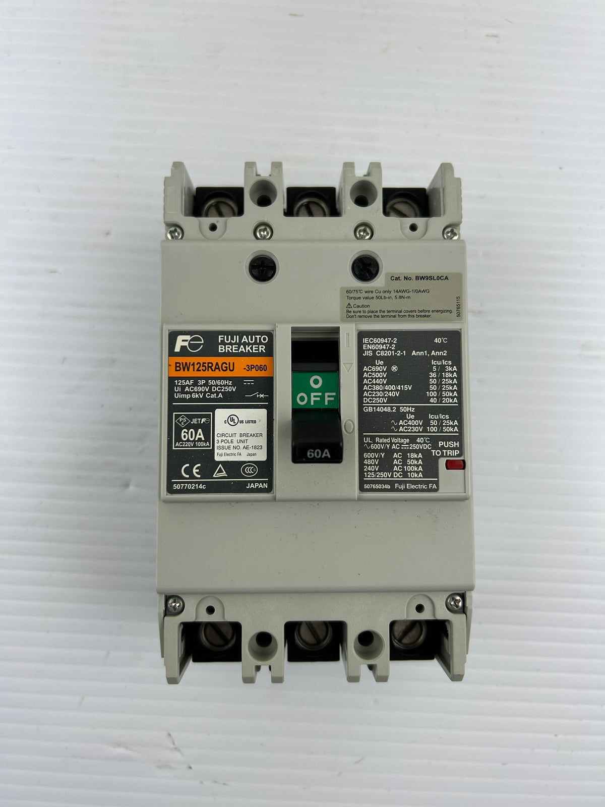 Fuji Electric BW125RAGU-3P060 60A 3 Pole Circuit Breaker 600V 50/60Hz