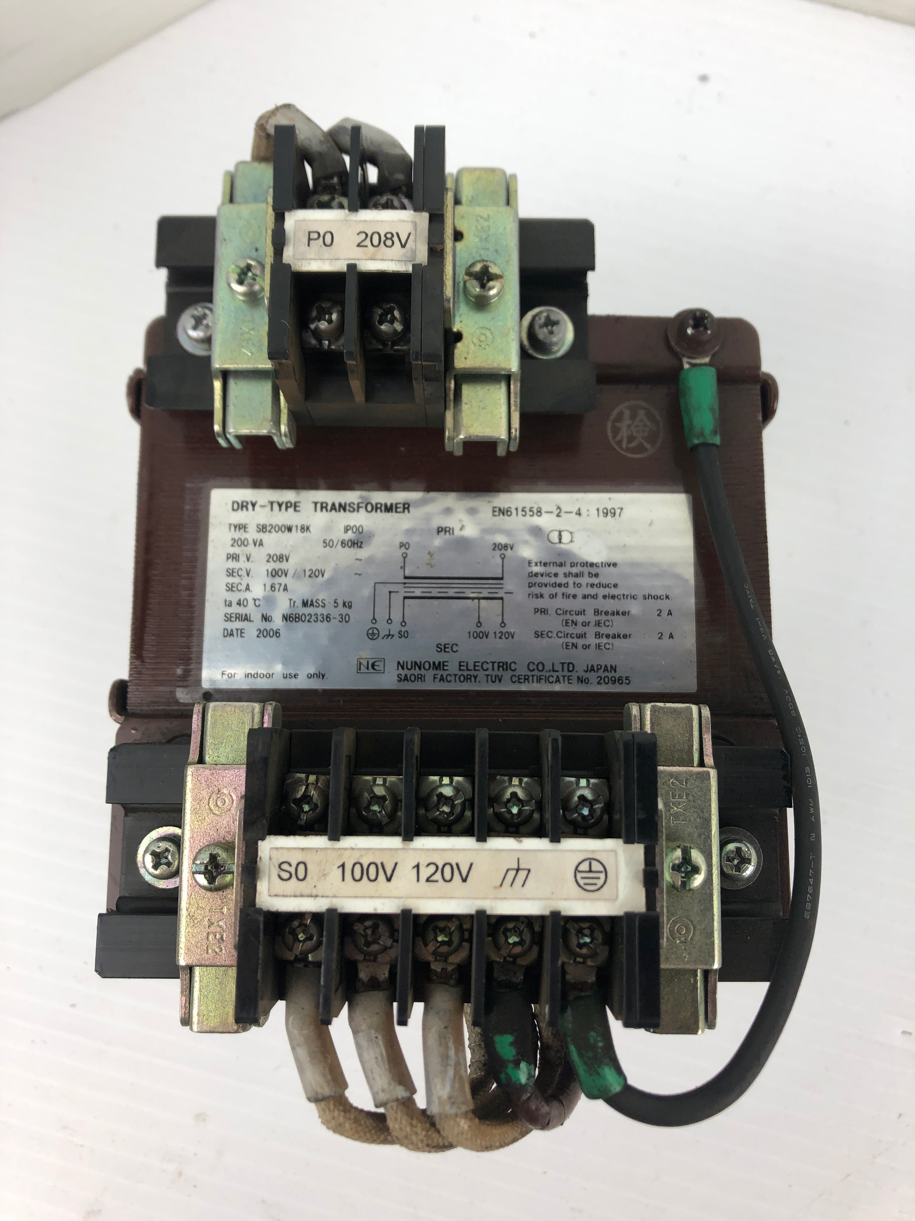 Nunome Electric SB200W18K Dry Type Transformer 200VA 1.67A 50/60Hz 1PH 7P