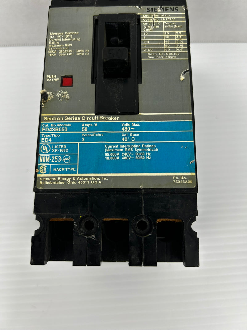 Siemens ED43B050 Circuit Breaker Sentron Series ED4 50A 3P 480V