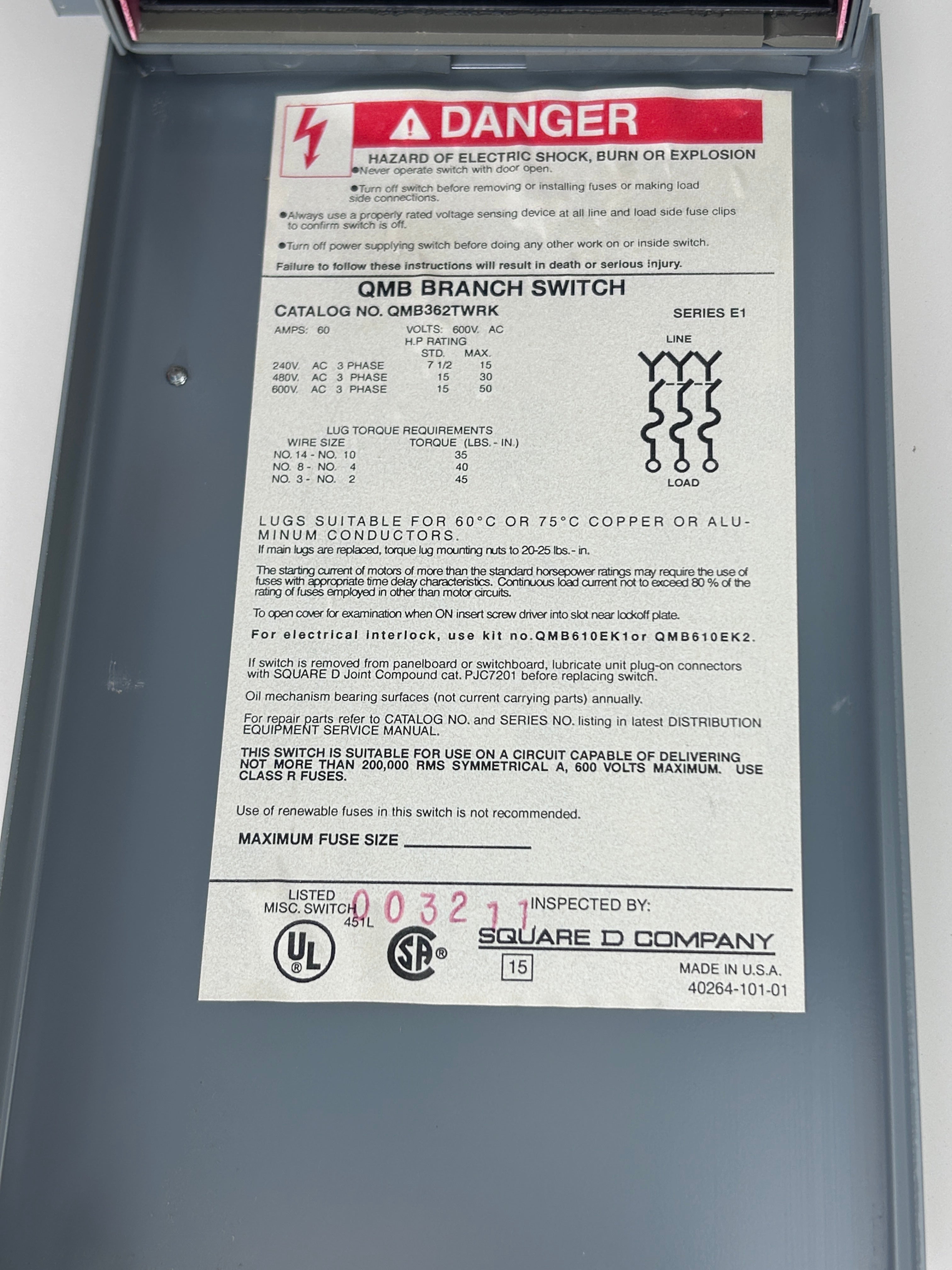 Square D QMB362TWRK Fusible Twin Branch Panelboard Switch Ser E1 60A 3PH 600 VAC