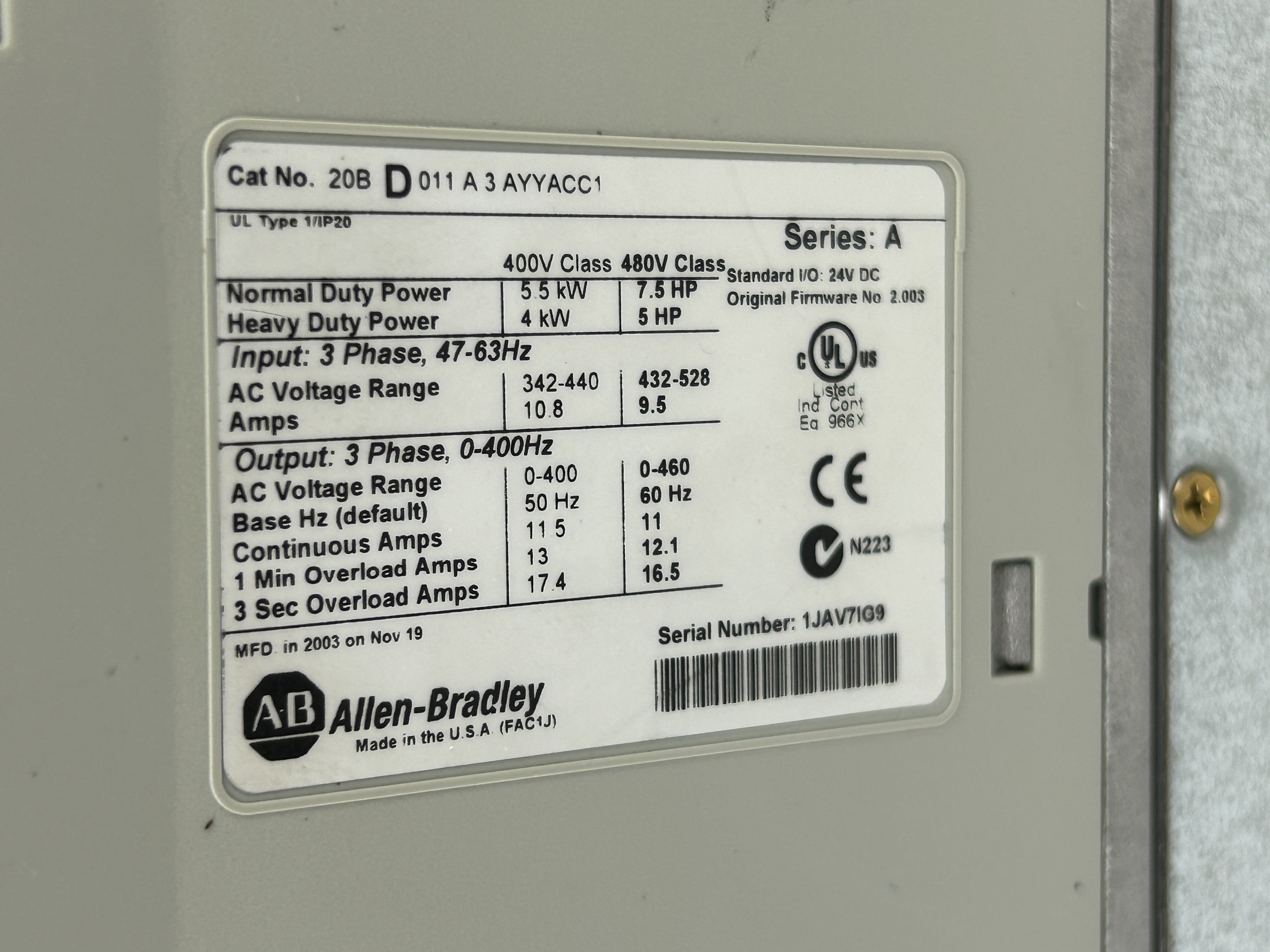 Allen-Bradley 20BD011A3AYYACC1 PowerFlex 700 AC Drive 7.5HP Series A