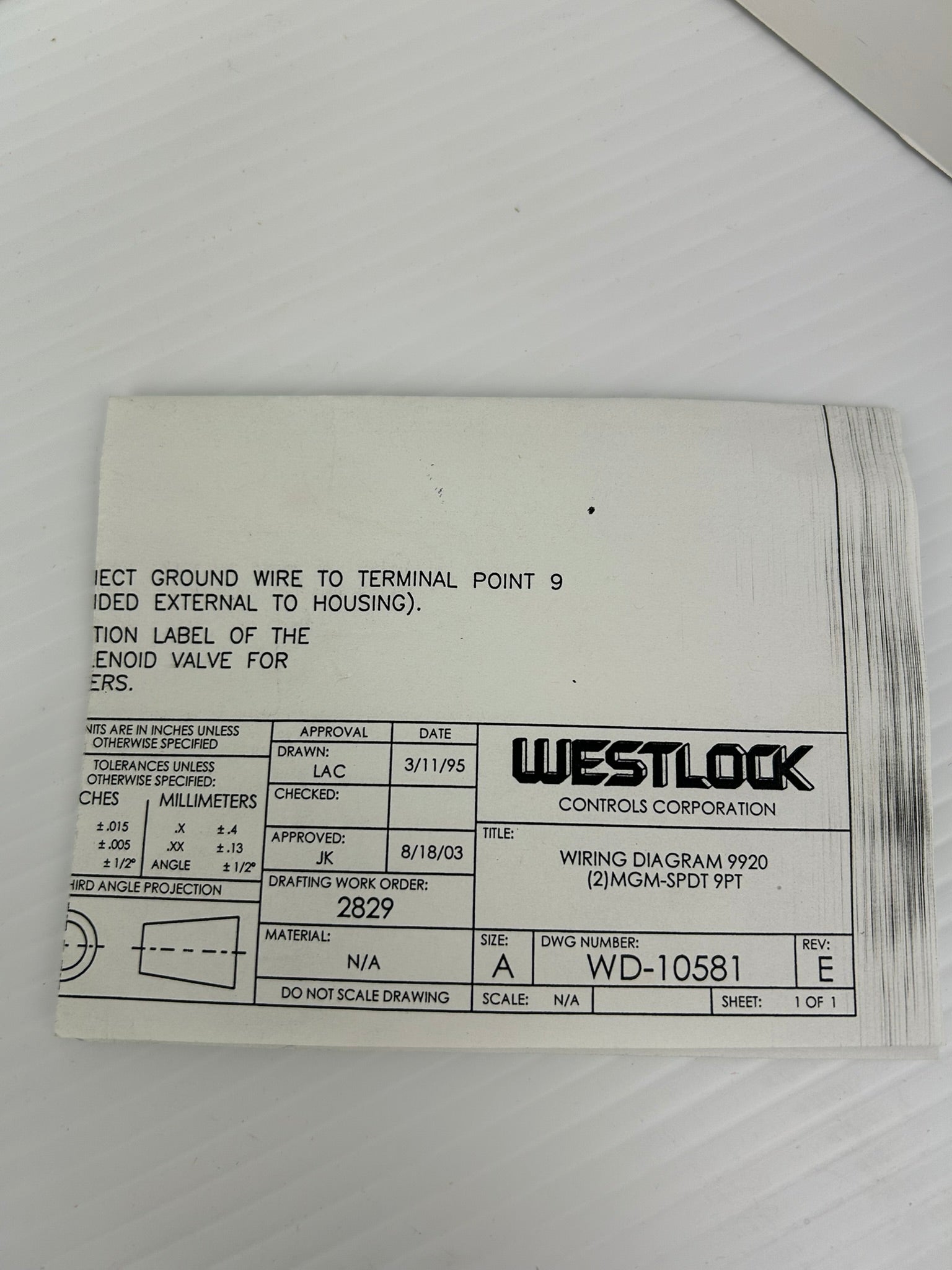 Westlock 9920-BY-Z12 Valve Position Monitor WD-10581 Size A Rev E 1"