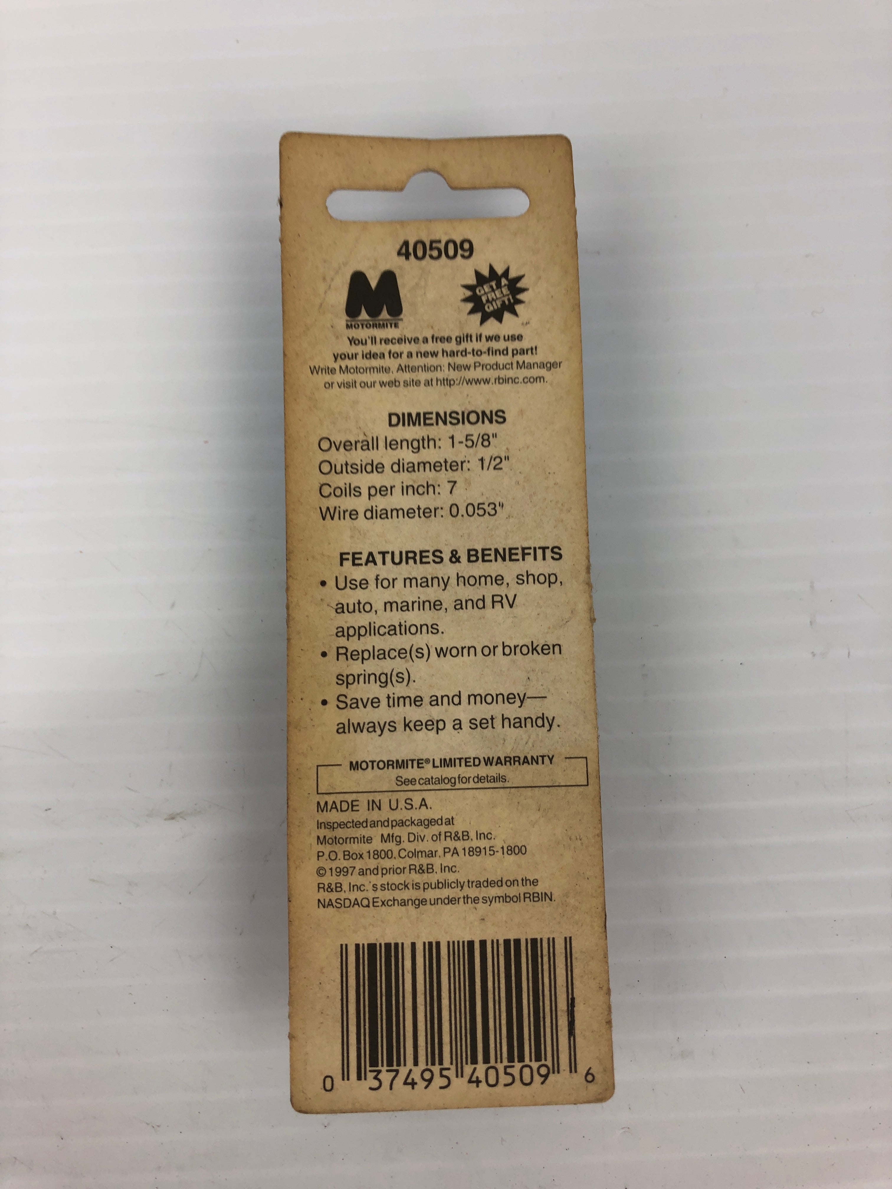 Spring-Tite 40509 Compression Spring - 1-5/8" x 1/2" x 0.053"