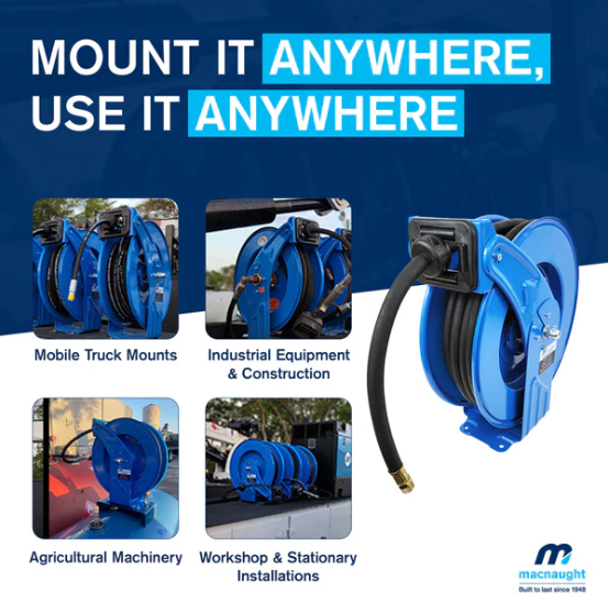Industrial Hose Reel Air Water 3/8" x 50' Hose 300 PSI Macnaught M3D-AW-37550 ***