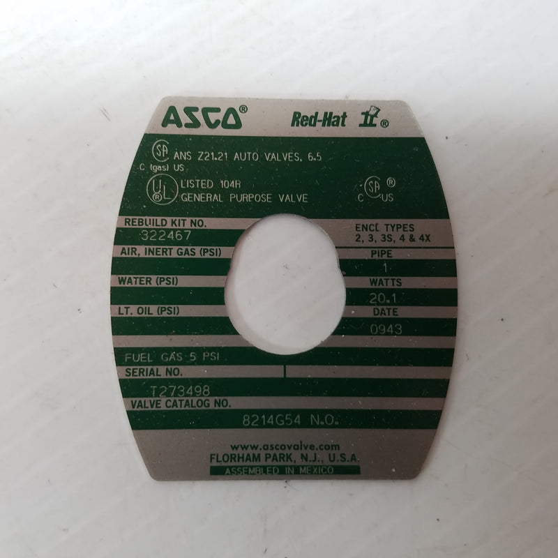 ASCO 8214G54 NO RedHat General Purpose Solenoid Valve Rebuilder Kit