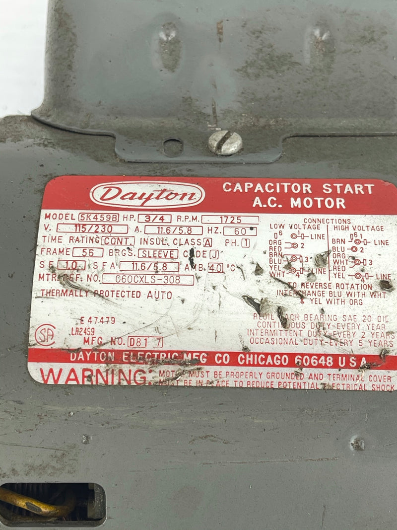 Dayton Capacitor Start AC Motor 5K459B 3/4 HP 1725 RPM