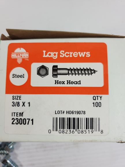 Hillman The Fastener Center 230071 Box of 100 Lag Screws Hex Head 3/8 X 1 Steel