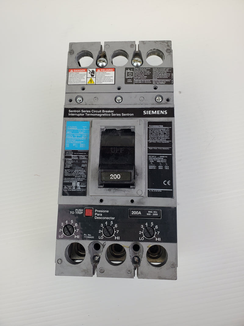 Siemens FXD63B200 200A 600V Standard Circuit Breaker 3 Pole Series C FXD6-A