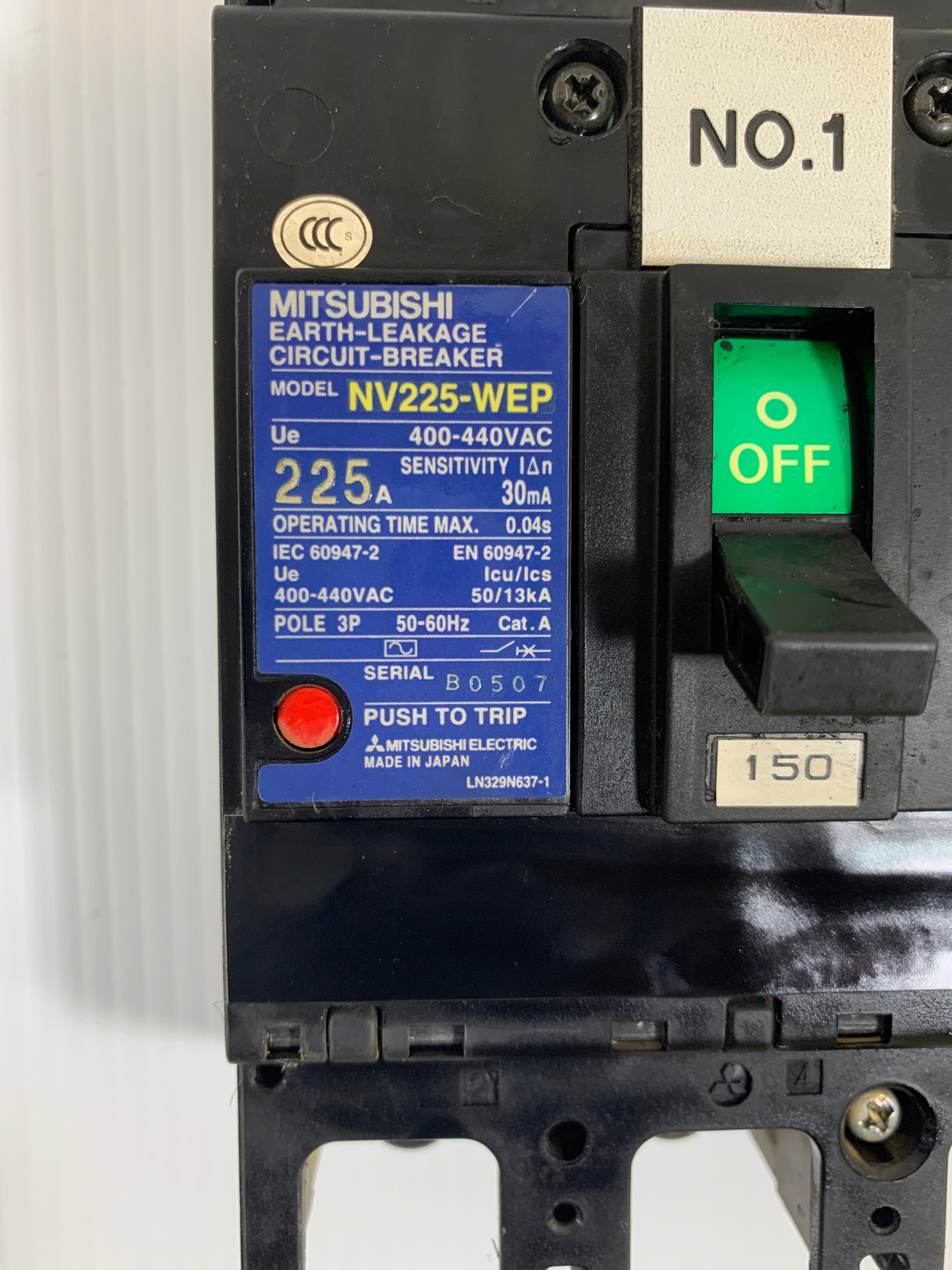 Mitsubishi Circuit Breaker NV225-WEP 225 Amp 30 mA 3 Pole