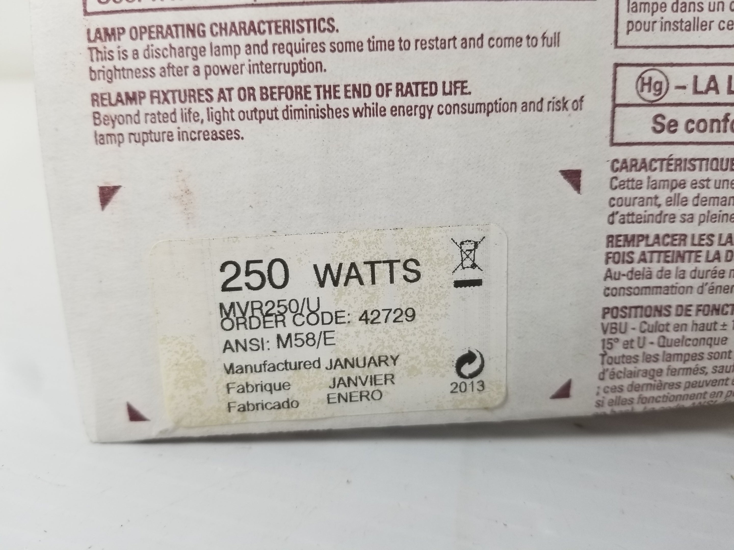 GE MVR250/U Multi-Vapor Lamp 250W