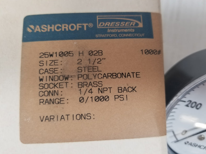 Ashcroft 25W1005 1000PSI Pressure Gauge