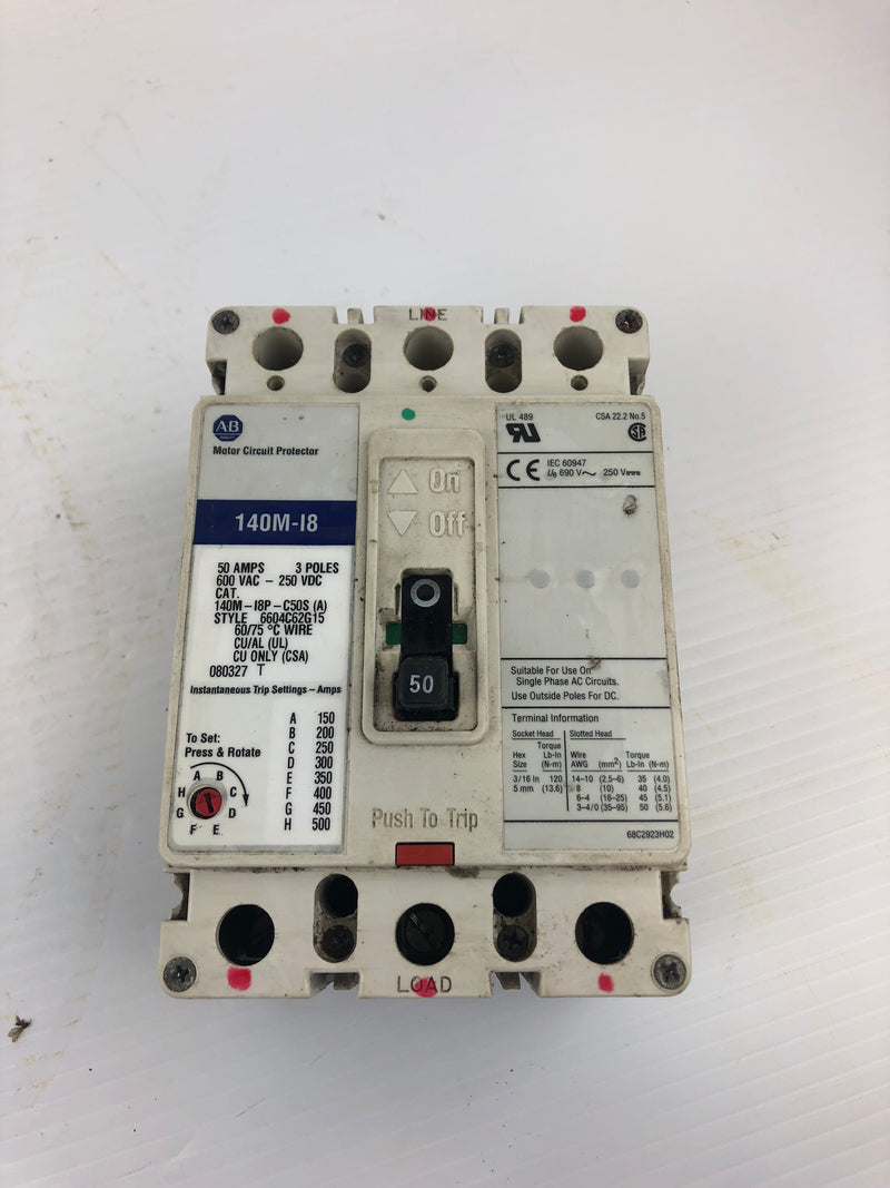 Allen Bradley 140M-I8-C50S Circuit Breaker 50 Amp 3 pole 600VAC-250VDC