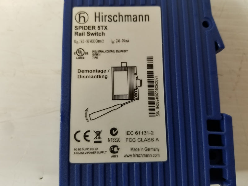 Hirschmann SPIDER5TX 5 Port Ethernet Rail Switch Used