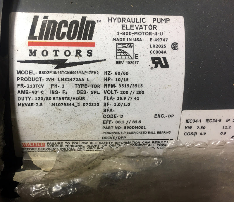 Lincoln Motors LM32472 10-15 HP, 200 Volts 3515 RPM