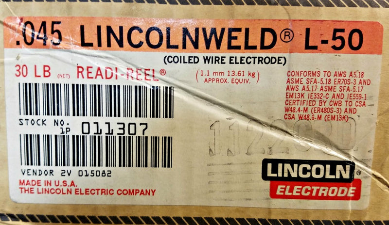 .045" Lincolnweld L-50 Lincoln Electric Welding Wire Electrode 30 lb. Readi-Reel Spool