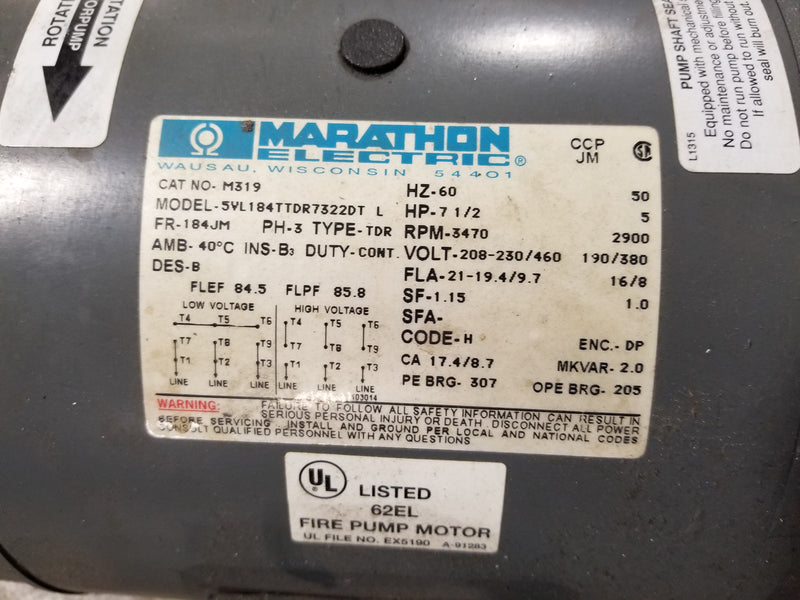 Marathon Electric M319 5VL184TTDR7322DT L Fire Pump Motor 3470 RPM