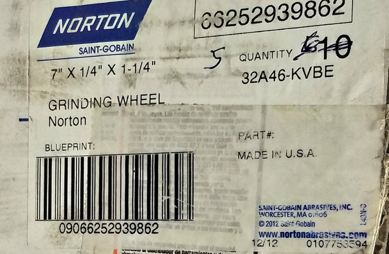 Norton 32A Grinding Wheel 7" x 1/4" x 1-1/4" 32A46-KVBE
