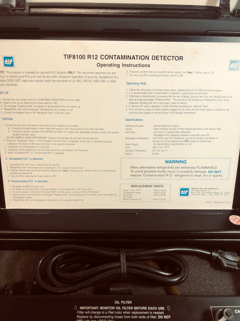 TIF 8100 R12 Contamination Detector (Missing Blue Hose and Filter)